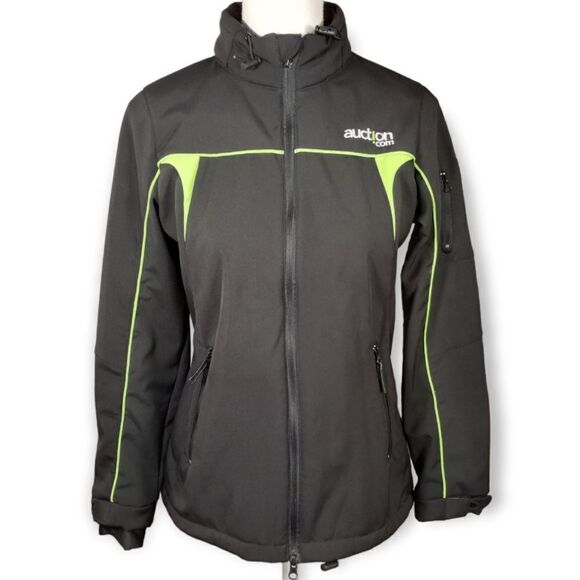 AUCTION.COM BLACK & NEON GREEN HOODED ATHLETIC JACKET SZ.M EUC - Picture 1 of 6